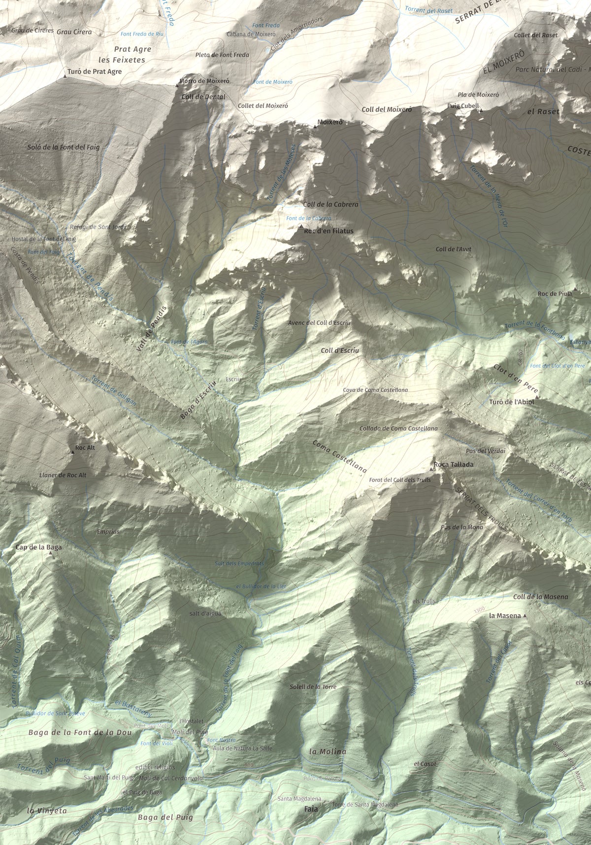 Mapa de relieve de Penyes Altes, 2276 m, Berguedà · Cerdanya, lámina 100 Cims de Trobart. Detalle de la zona inferior izquierda. 70 × 100 cm.
