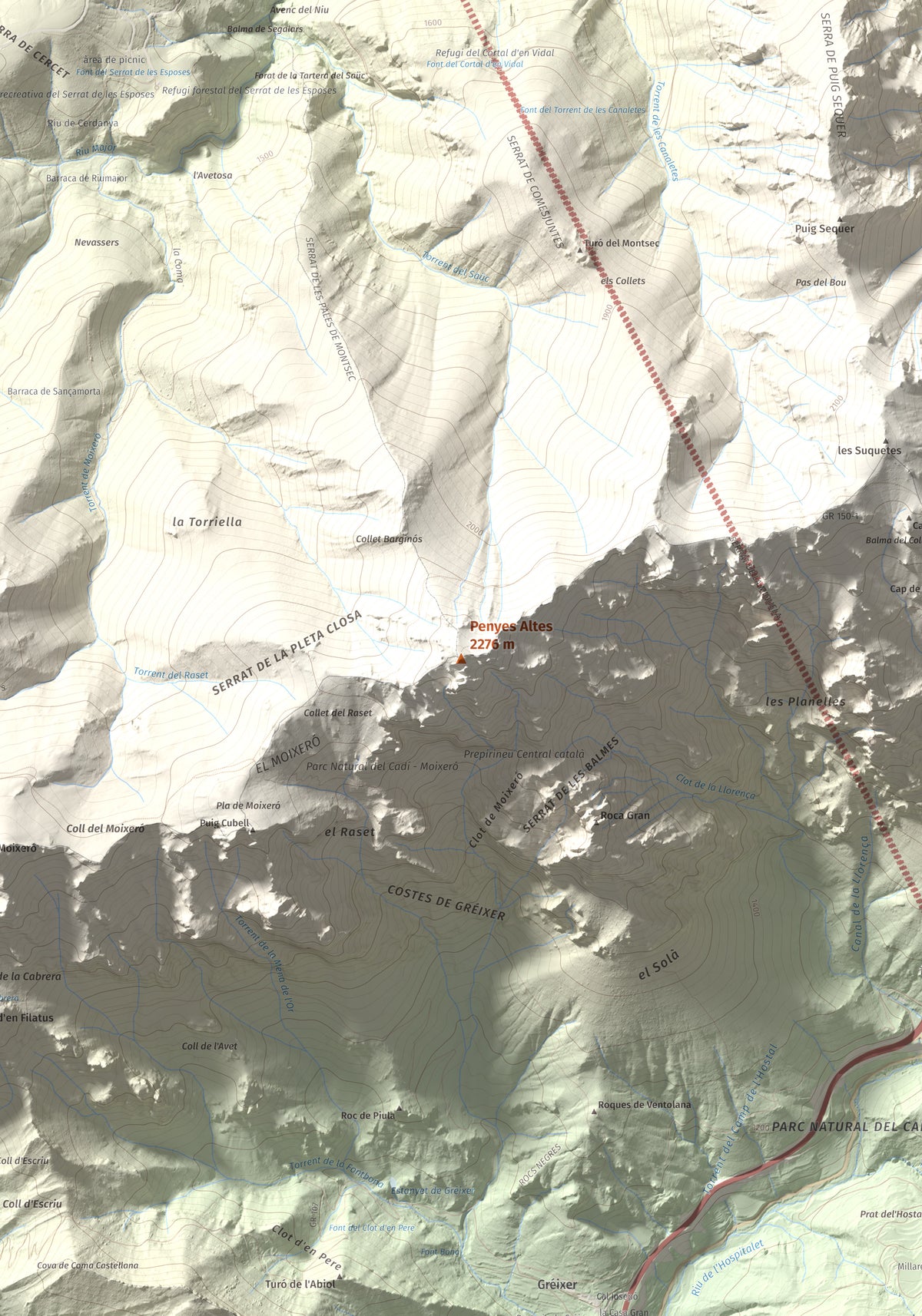 Mapa de relieve de Penyes Altes, 2276 m, Berguedà · Cerdanya, lámina 100 Cims de Trobart. Detalle de la zona central. 70 × 100 cm.