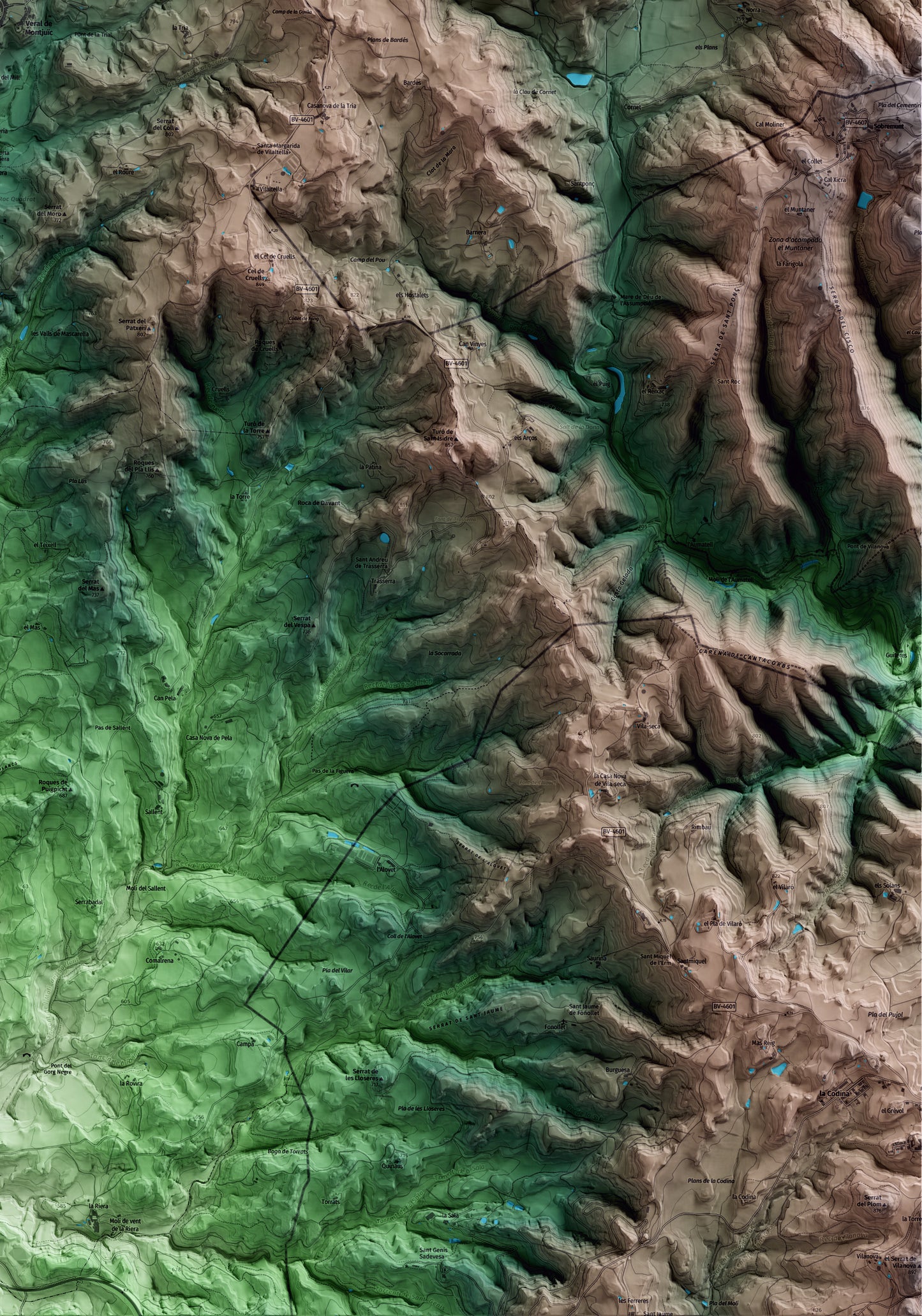 Mapa artístico del relieve de Perafita, al Lluçanès, con 15 km de entorno y base topográfica ICGC. Detalle de la zona inferior derecha.