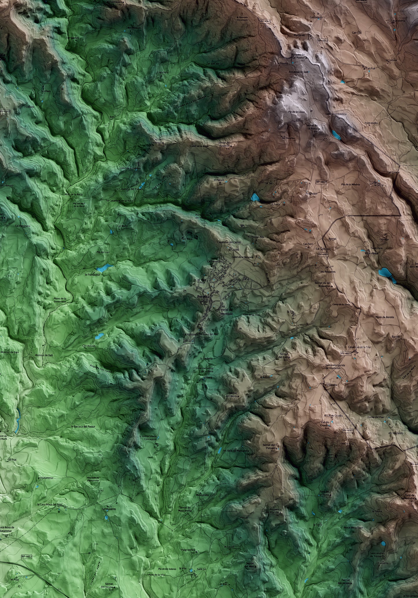 Mapa artístico del relieve de Perafita, al Lluçanès, con 15 km de entorno y base topográfica ICGC. Detalle de la zona central.