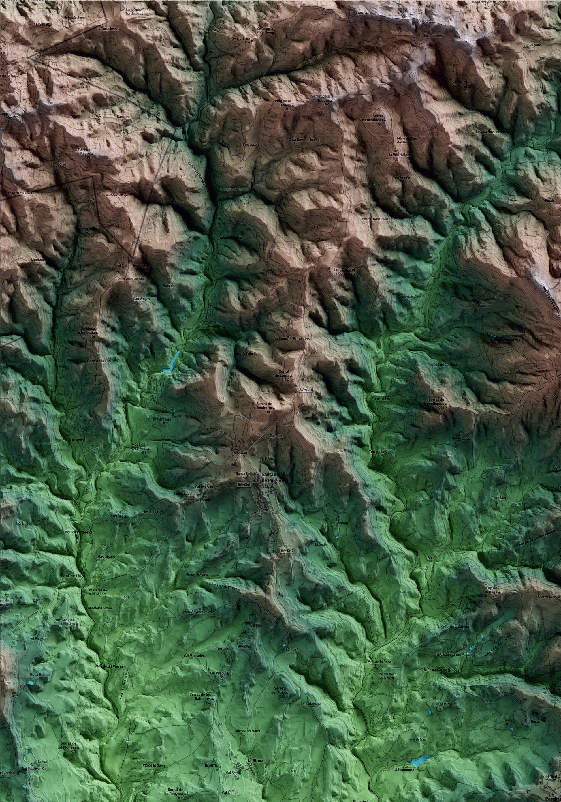 Mapa artístico del relieve de Perafita, al Lluçanès, con 15 km de entorno y base topográfica ICGC. Detalle de la zona superior izquierda.