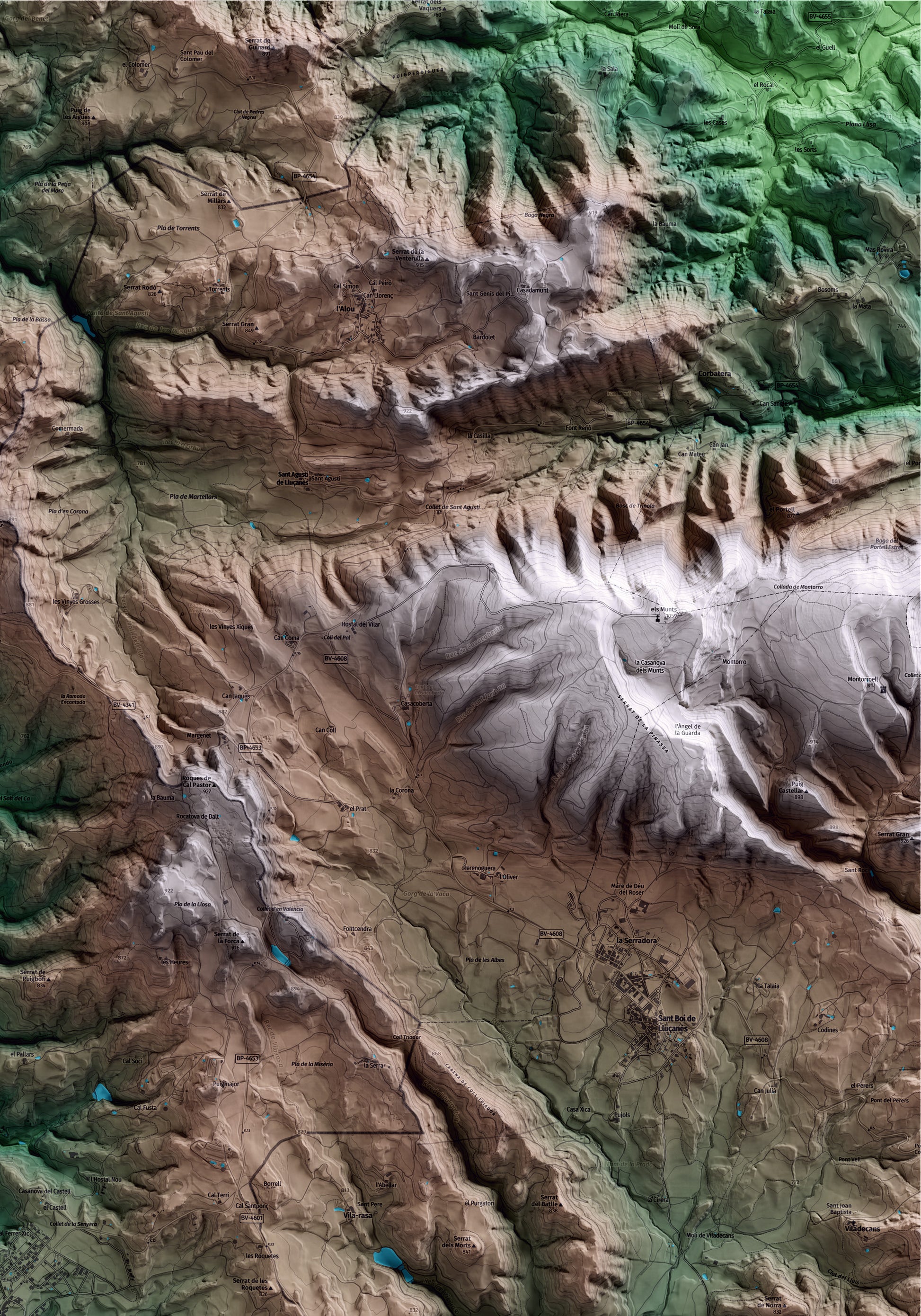 Mapa artístico del relieve de Perafita, al Lluçanès, con 15 km de entorno y base topográfica ICGC. Detalle de la zona superior derecha.