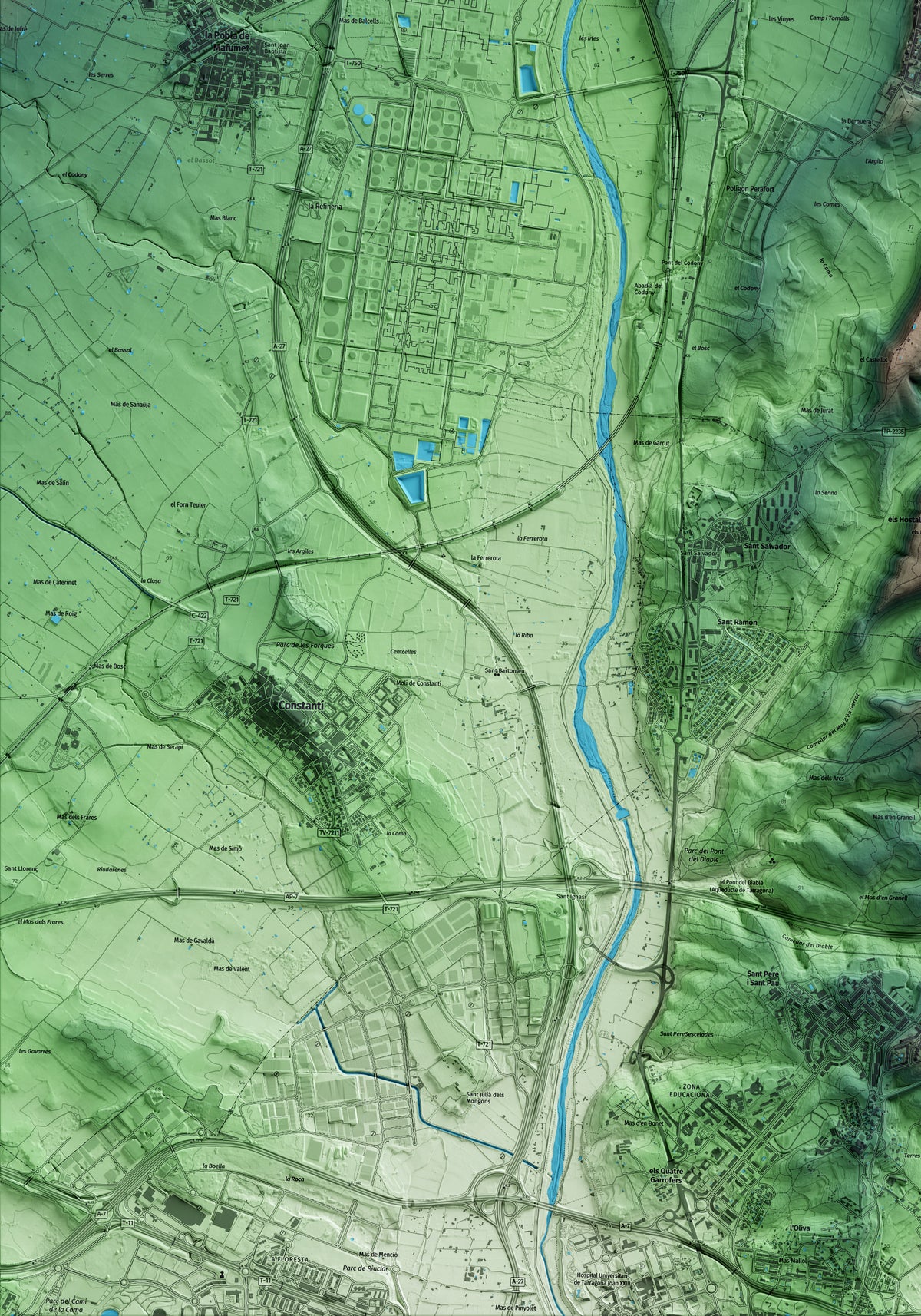 Mapa artístico del relieve de Perafort, al Tarragonès, con 15 km de entorno y base topográfica ICGC. Detalle de la zona inferior izquierda.
