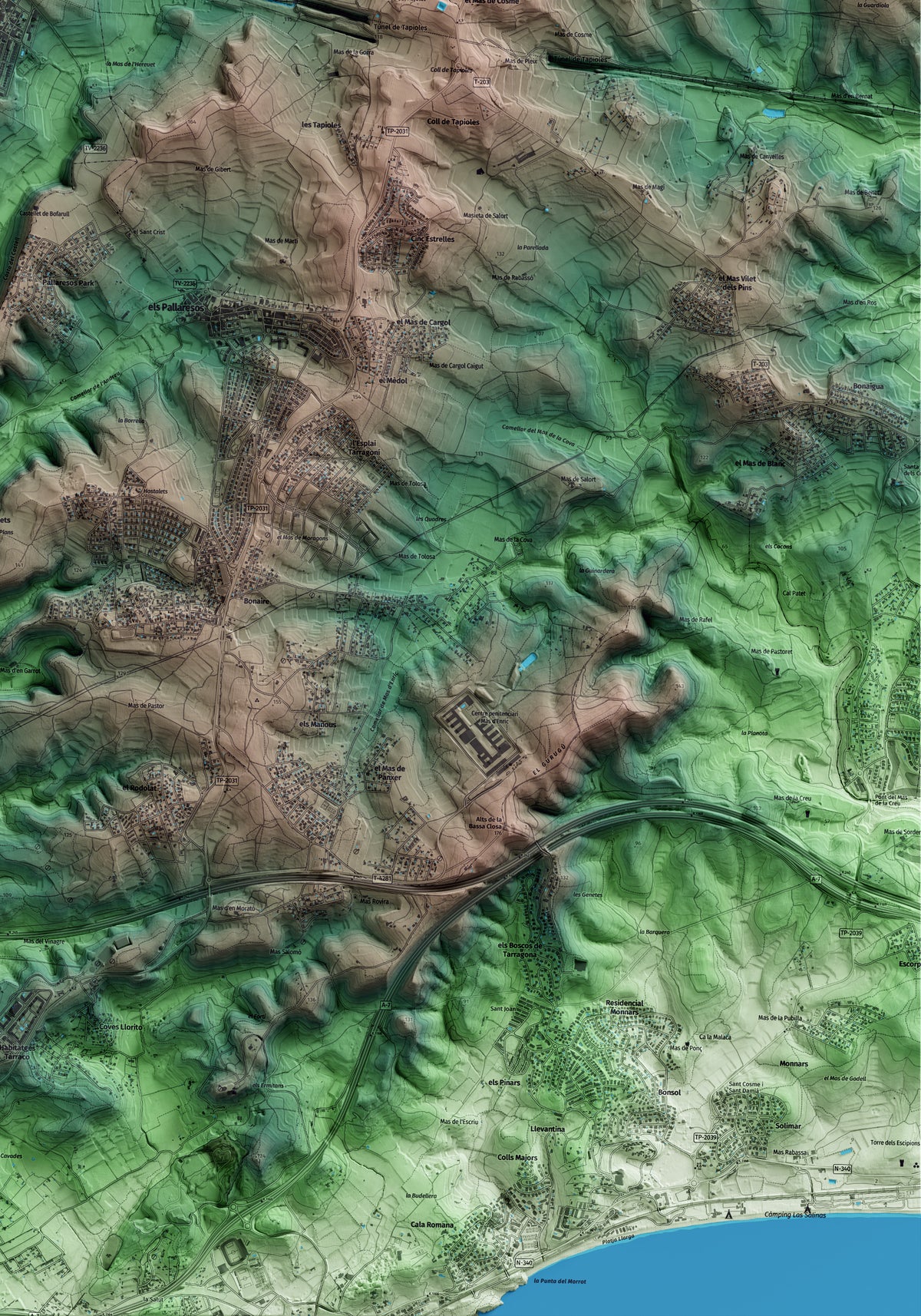 Mapa artístico del relieve de Perafort, al Tarragonès, con 15 km de entorno y base topográfica ICGC. Detalle de la zona inferior derecha.