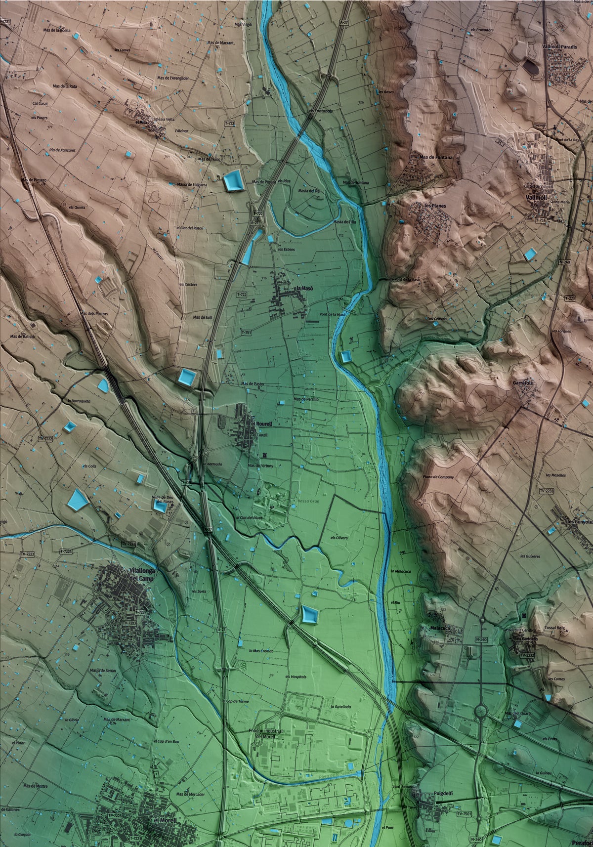 Mapa artístico del relieve de Perafort, al Tarragonès, con 15 km de entorno y base topográfica ICGC. Detalle de la zona superior izquierda.