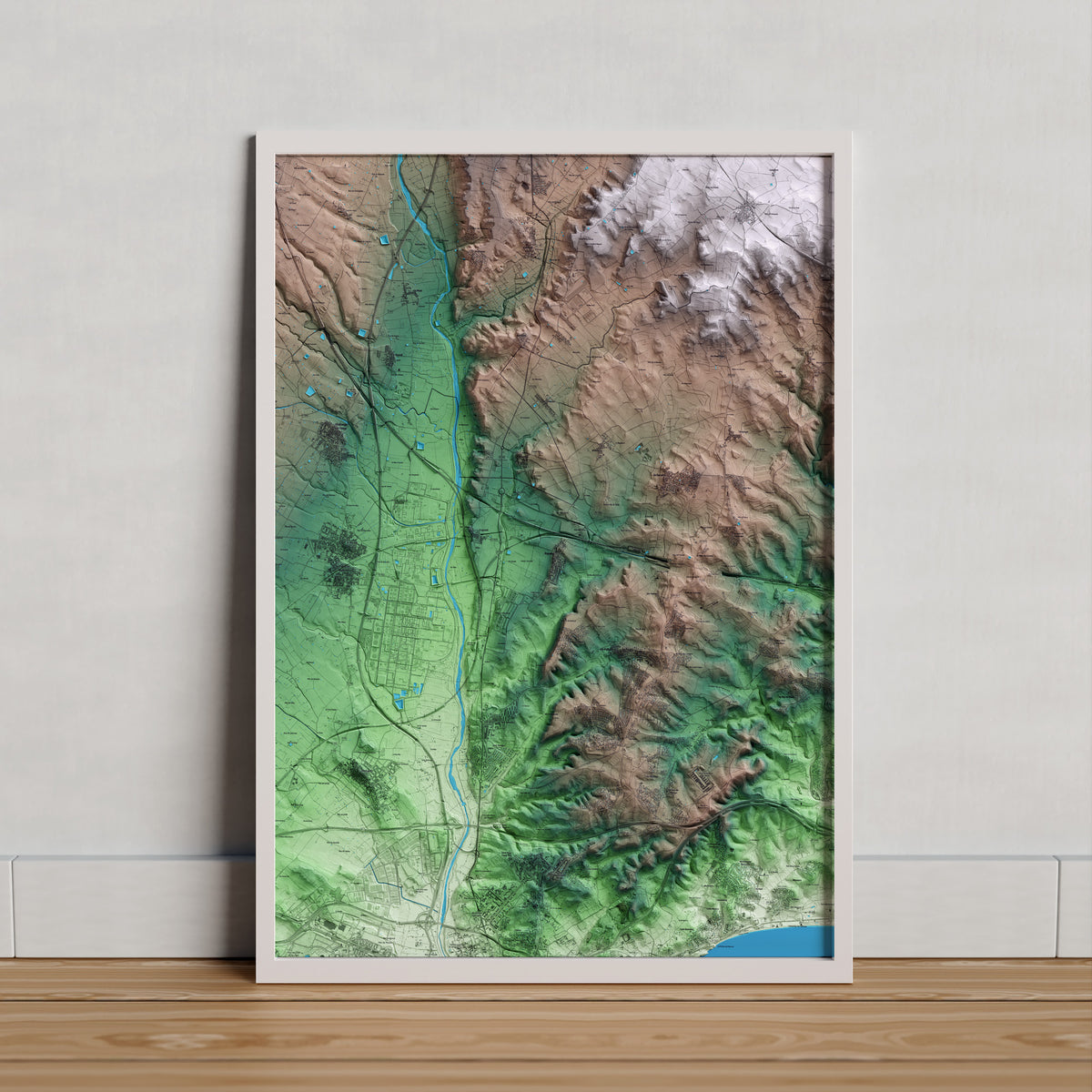 Mapa artístico del relieve de Perafort, al Tarragonès, con 15 km de entorno y base topográfica ICGC. Presentación enmarcada.