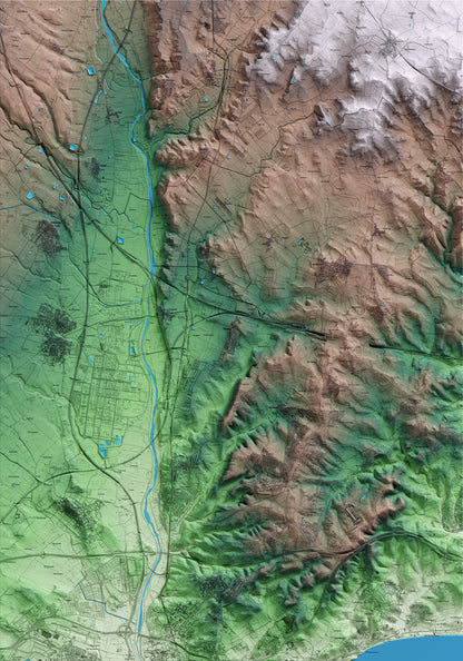 Mapa artístico del relieve de Perafort, al Tarragonès, con 15 km de entorno y base topográfica ICGC