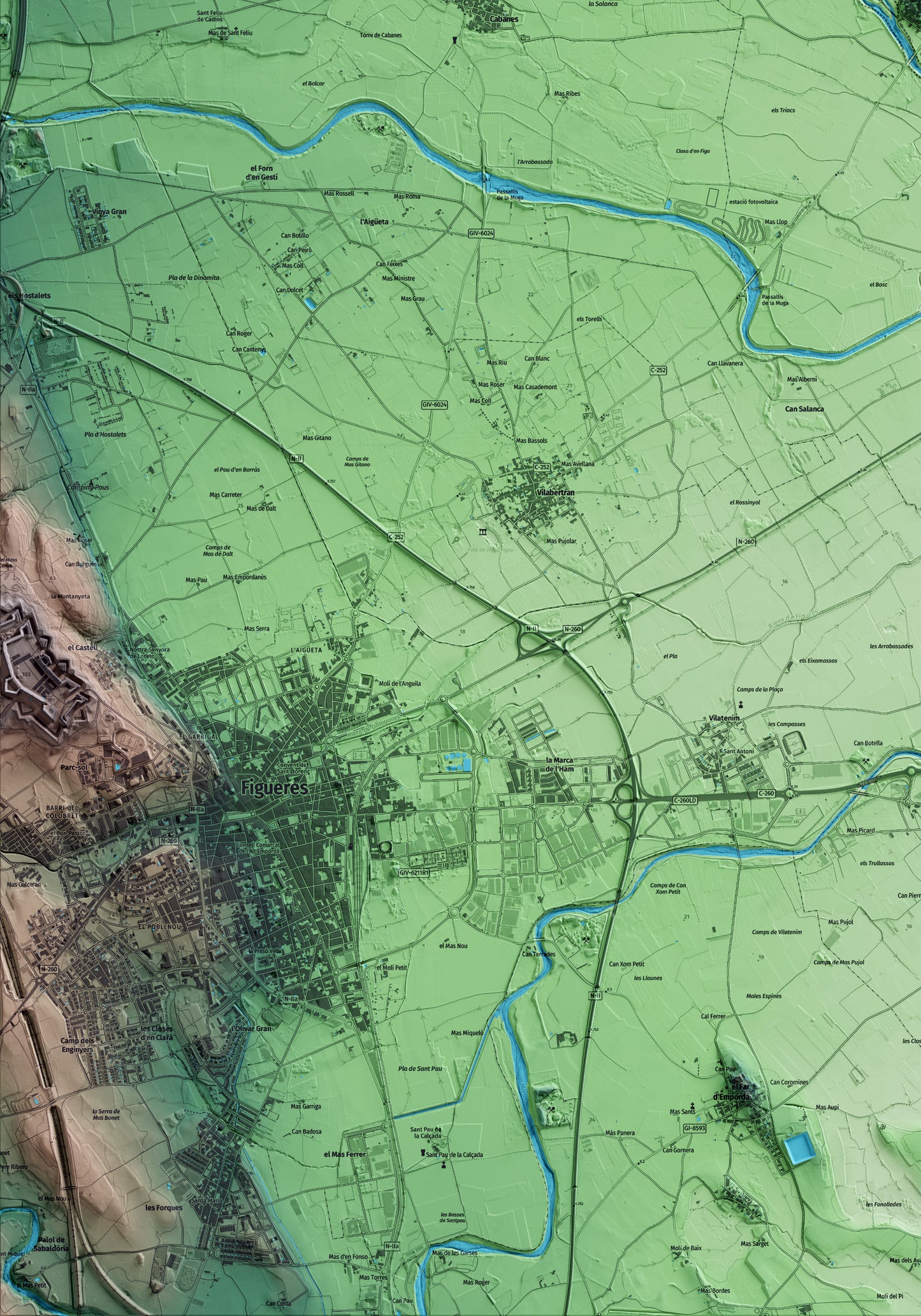 Mapa artístico del relieve de Peralada, al Alt Empordà, con 15 km de entorno y base topográfica ICGC. Detalle de la zona inferior izquierda.