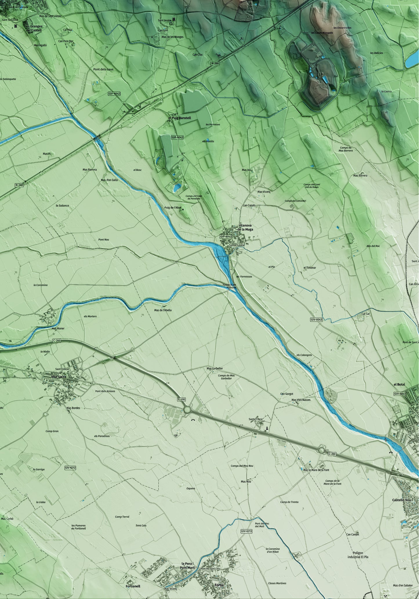 Mapa artístico del relieve de Peralada, al Alt Empordà, con 15 km de entorno y base topográfica ICGC. Detalle de la zona inferior derecha.