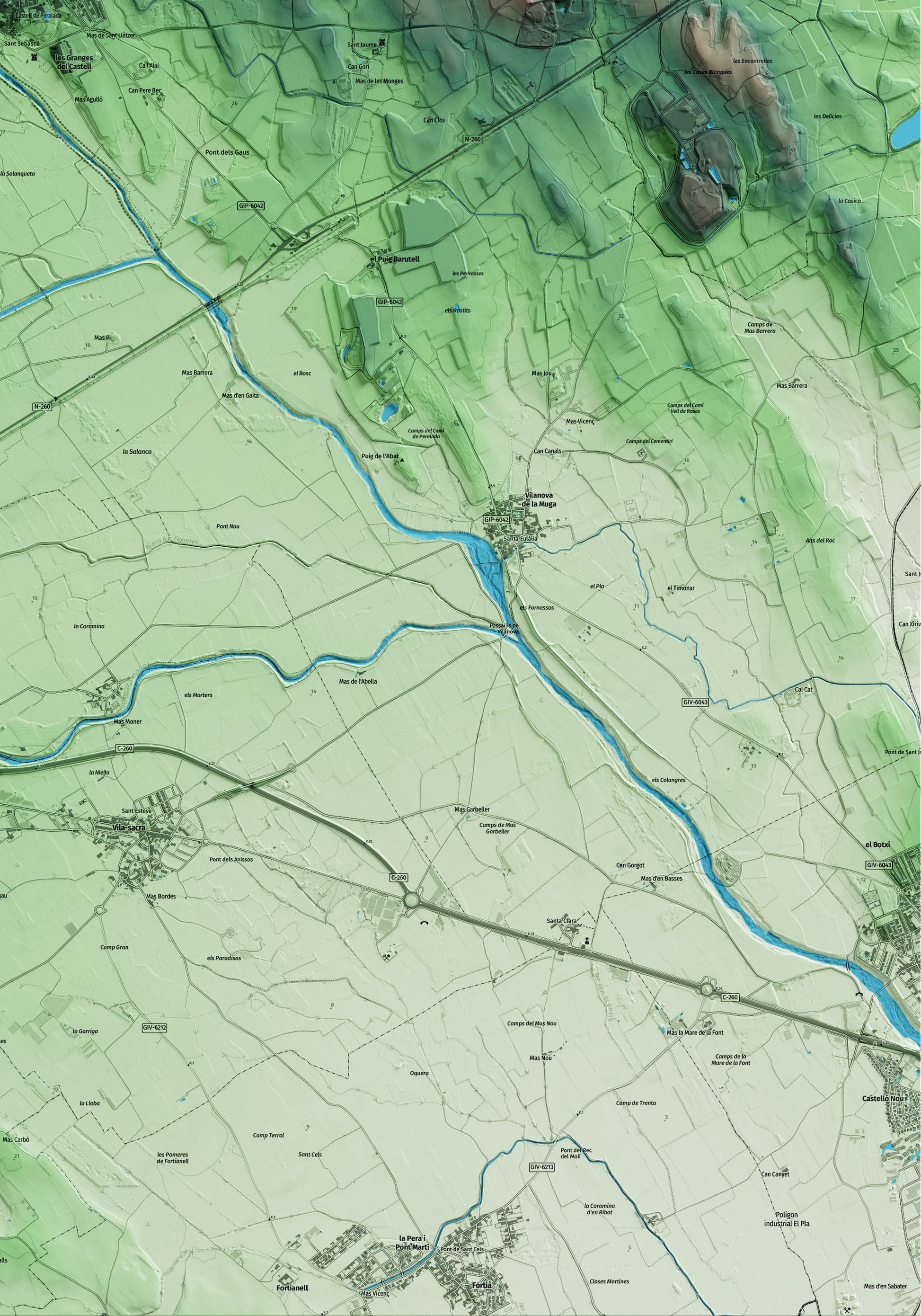Mapa artístico del relieve de Peralada, al Alt Empordà, con 15 km de entorno y base topográfica ICGC. Detalle de la zona inferior derecha.