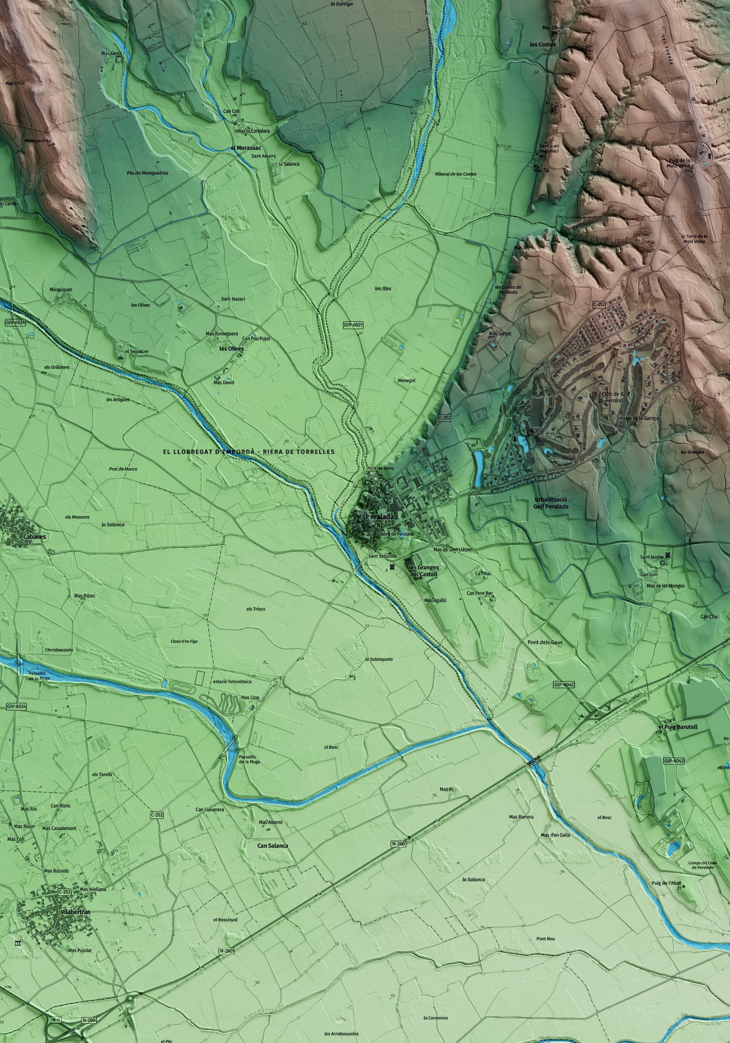 Mapa artístico del relieve de Peralada, al Alt Empordà, con 15 km de entorno y base topográfica ICGC. Detalle de la zona central.