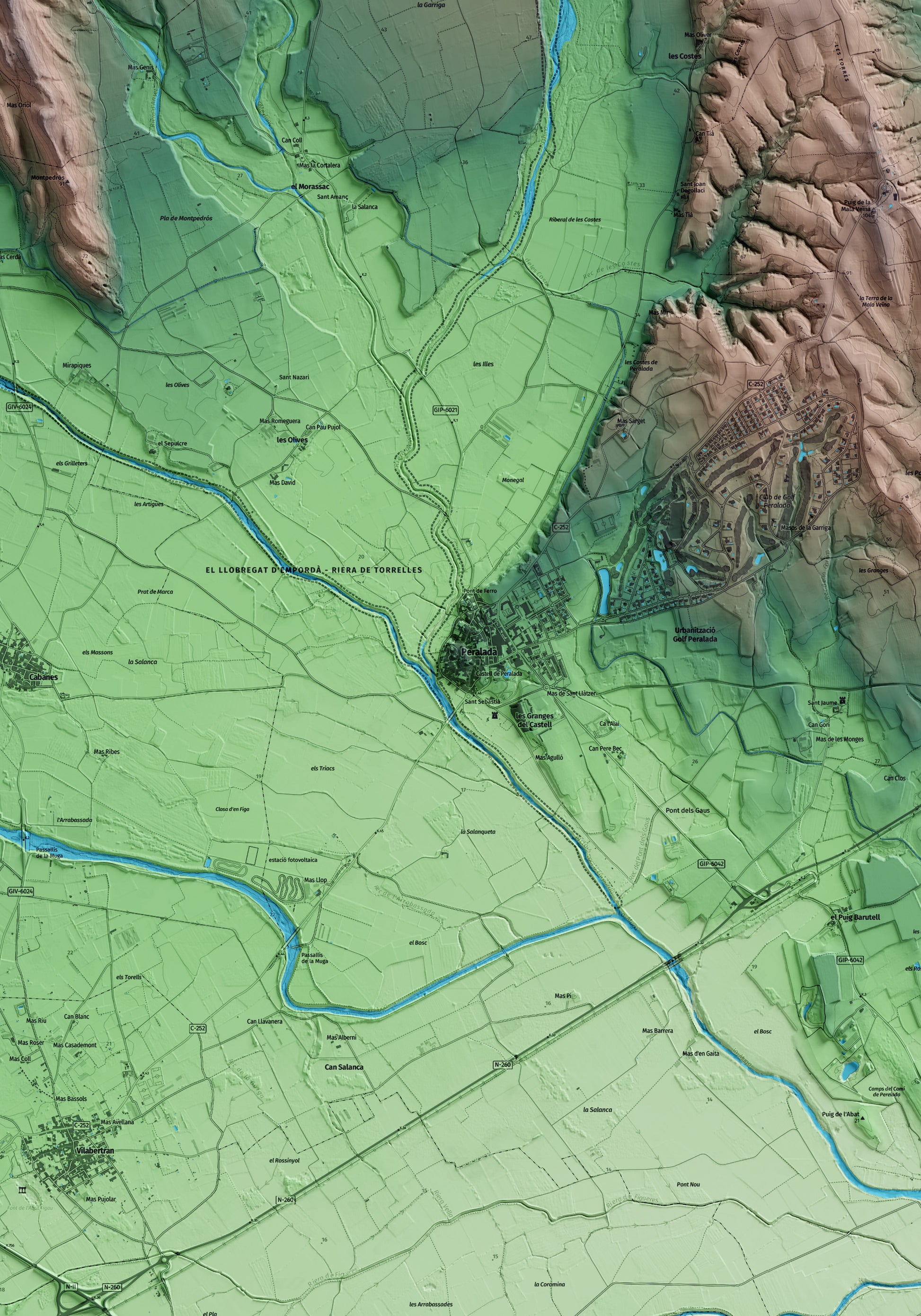 Mapa artístico del relieve de Peralada, al Alt Empordà, con 15 km de entorno y base topográfica ICGC. Detalle de la zona central.