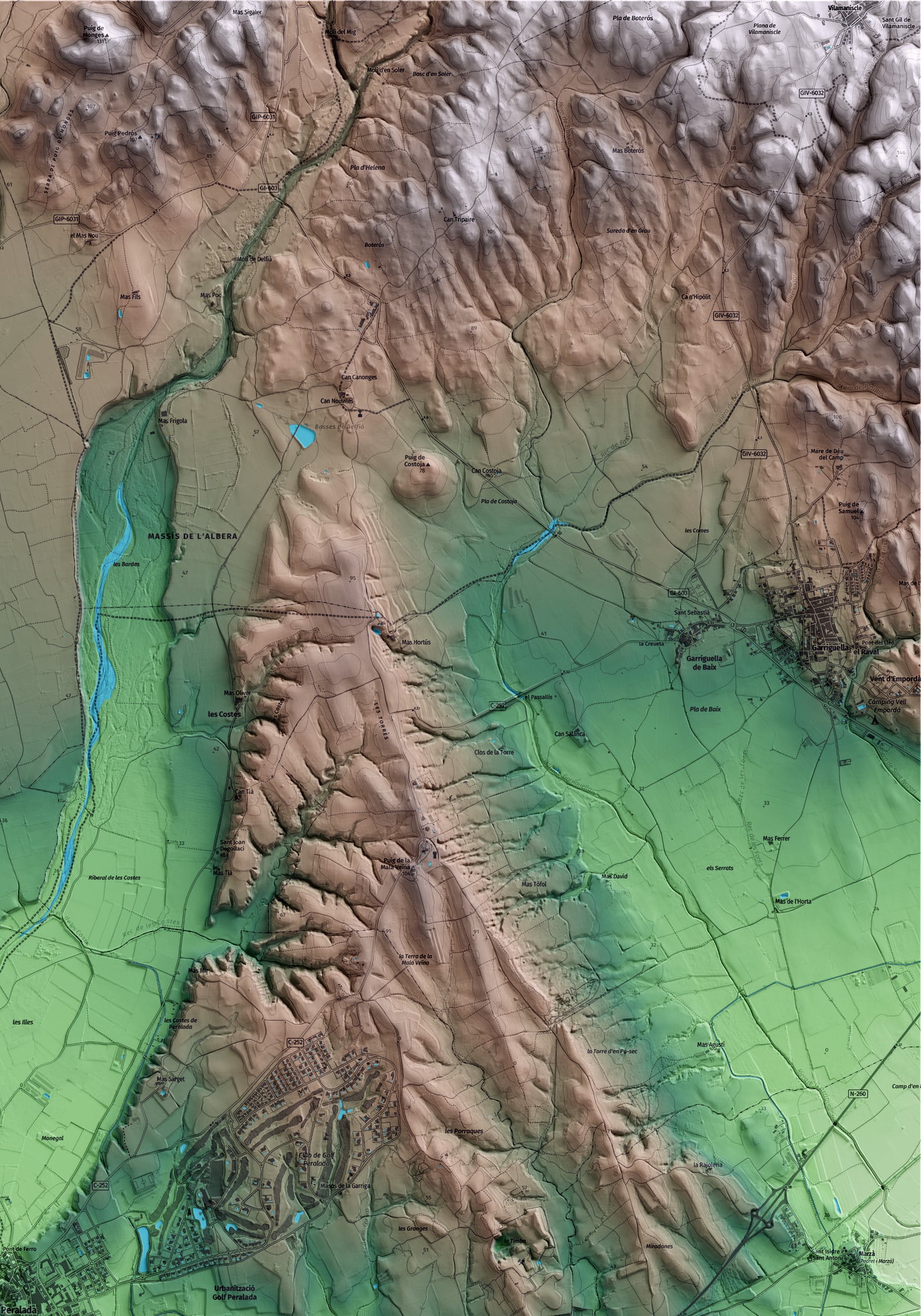 Mapa artístico del relieve de Peralada, al Alt Empordà, con 15 km de entorno y base topográfica ICGC. Detalle de la zona superior derecha.