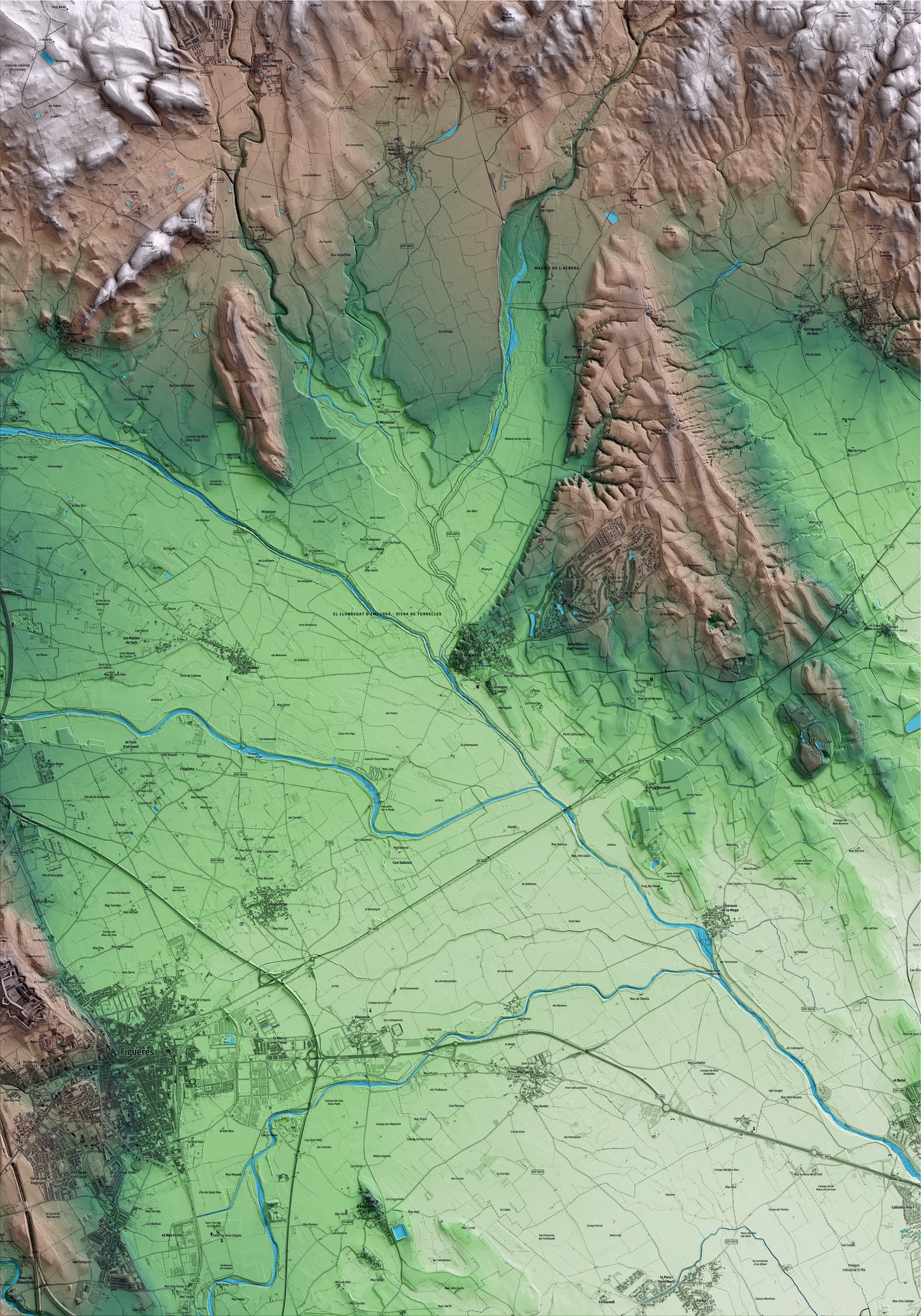 Mapa artístico del relieve de Peralada, al Alt Empordà, con 15 km de entorno y base topográfica ICGC