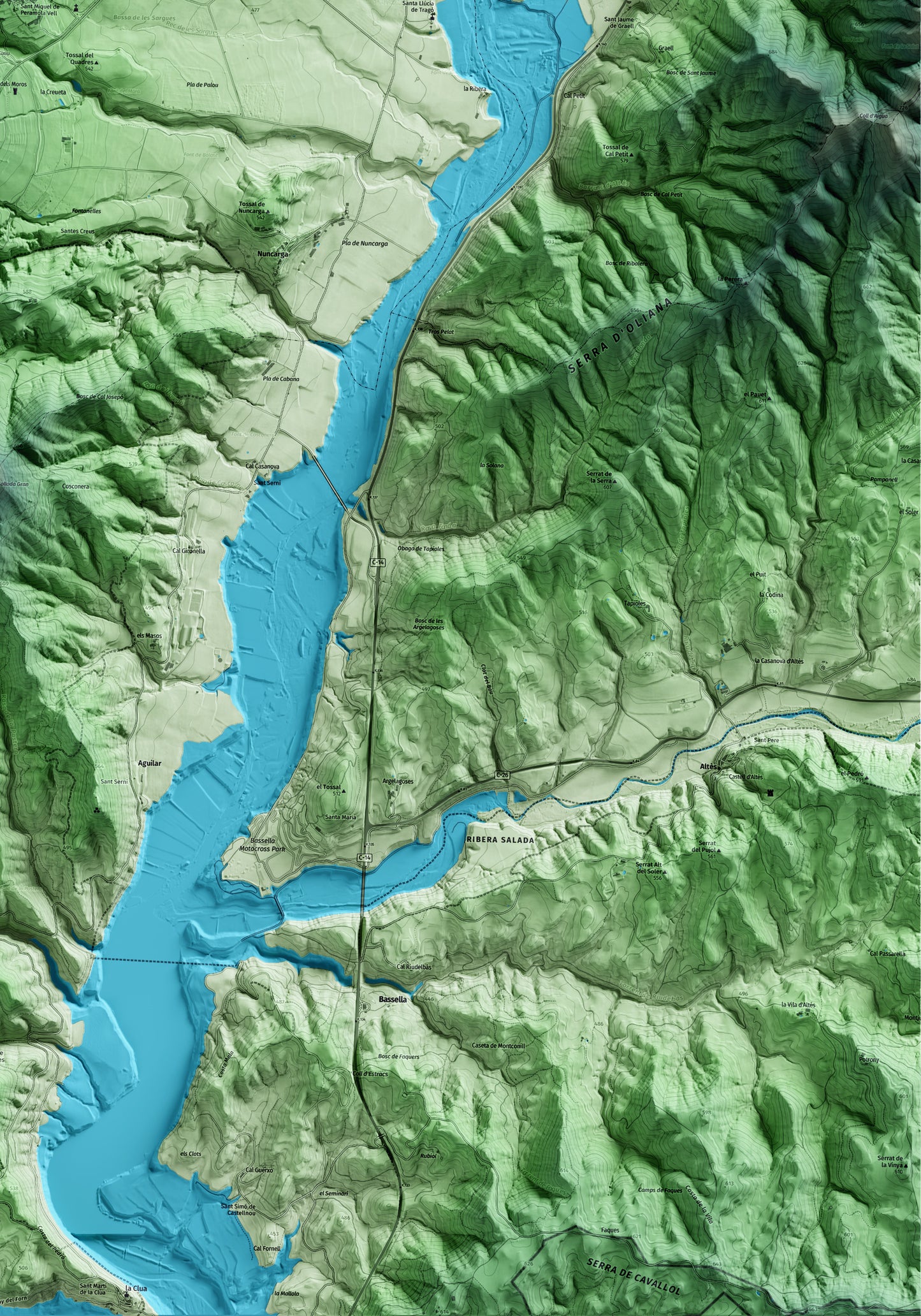 Mapa artístico del relieve de Peramola, al Alt Urgell, con 15 km de entorno y base topográfica ICGC. Detalle de la zona inferior derecha.