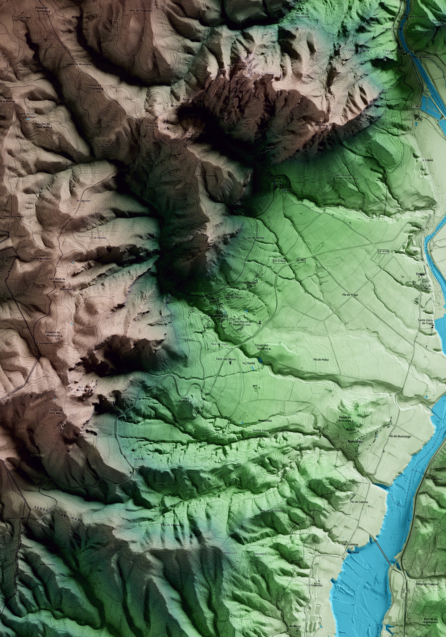 Mapa artístico del relieve de Peramola, al Alt Urgell, con 15 km de entorno y base topográfica ICGC. Detalle de la zona central.