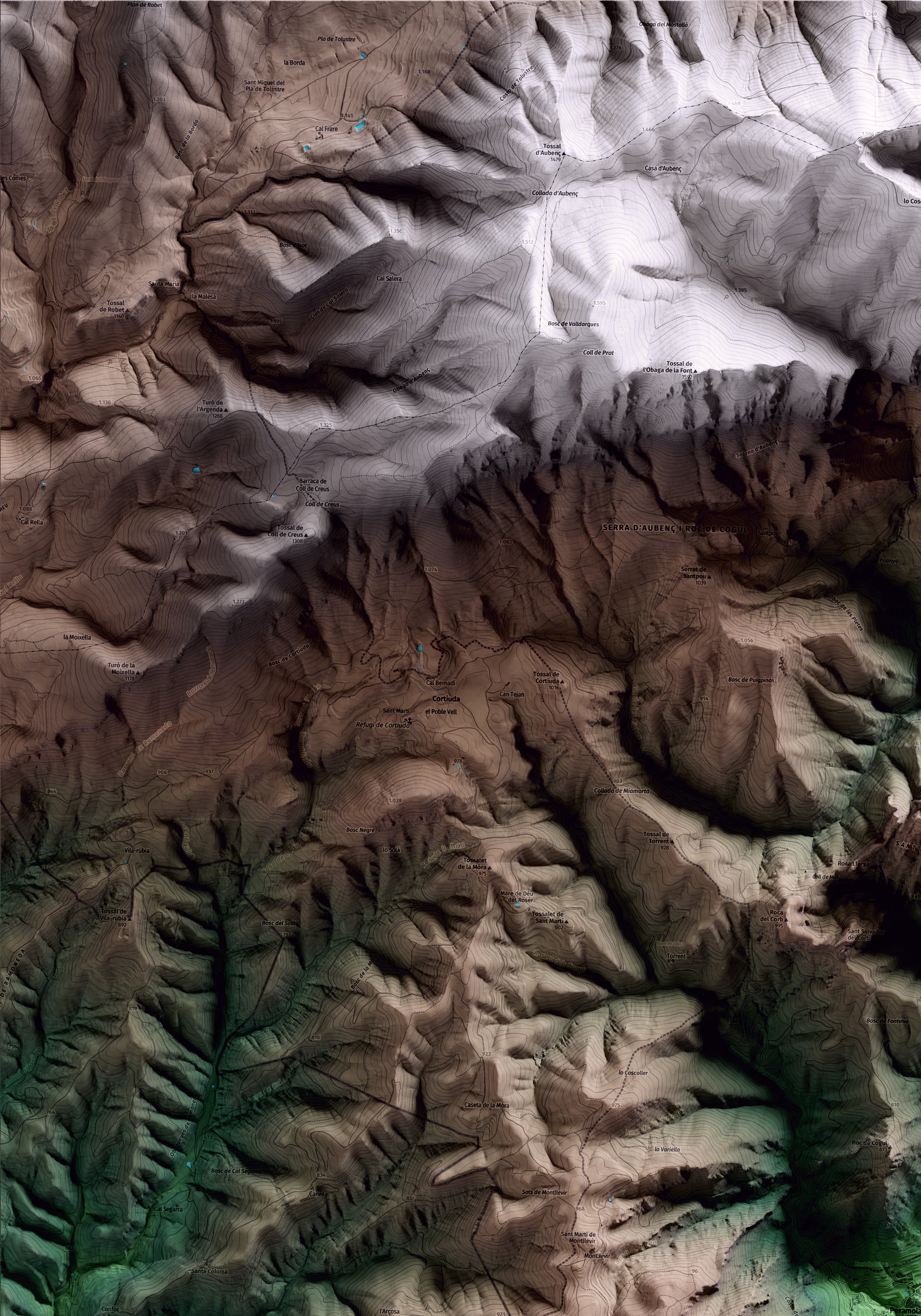 Mapa artístico del relieve de Peramola, al Alt Urgell, con 15 km de entorno y base topográfica ICGC. Detalle de la zona superior izquierda.