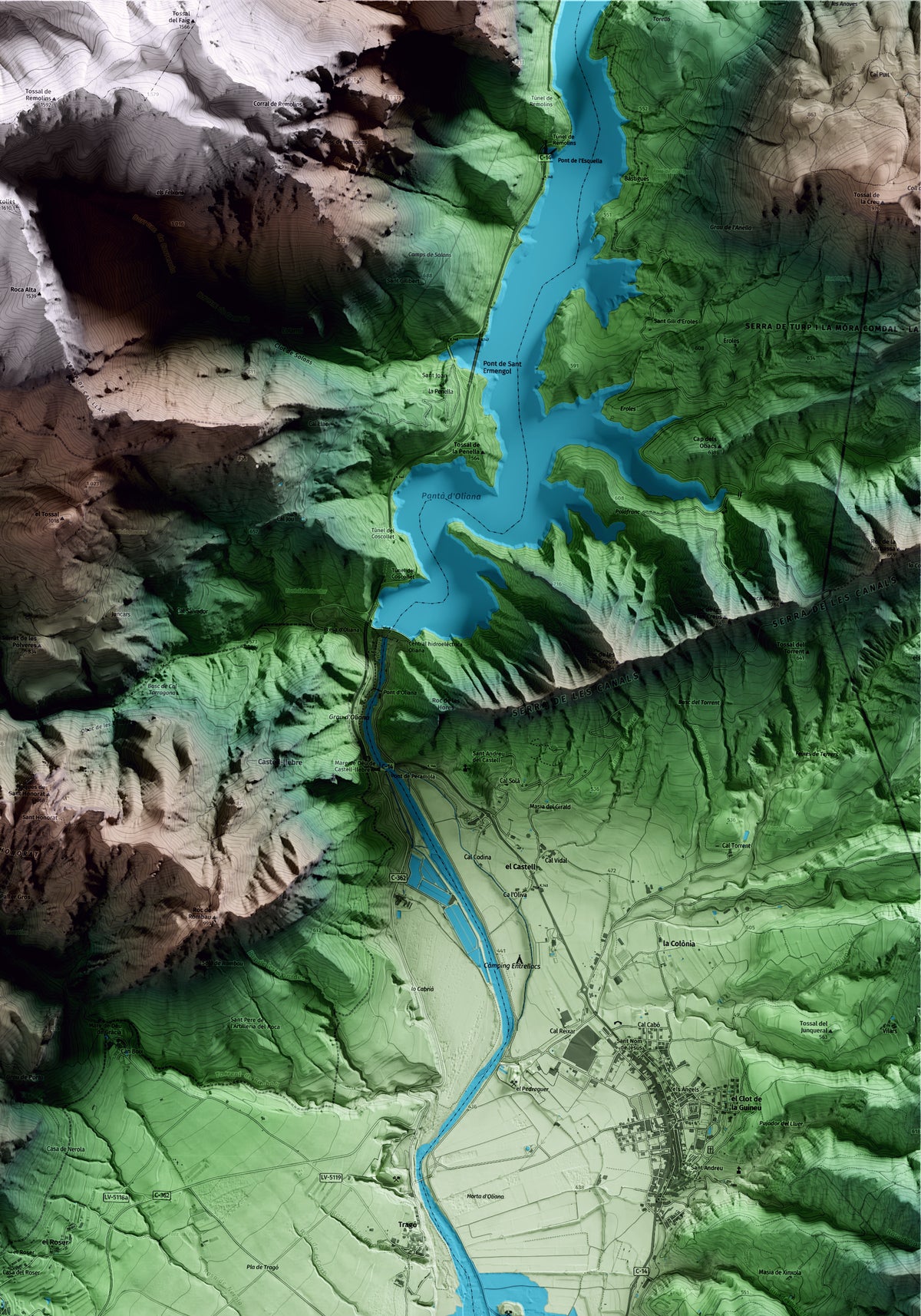 Mapa artístico del relieve de Peramola, al Alt Urgell, con 15 km de entorno y base topográfica ICGC. Detalle de la zona superior derecha.