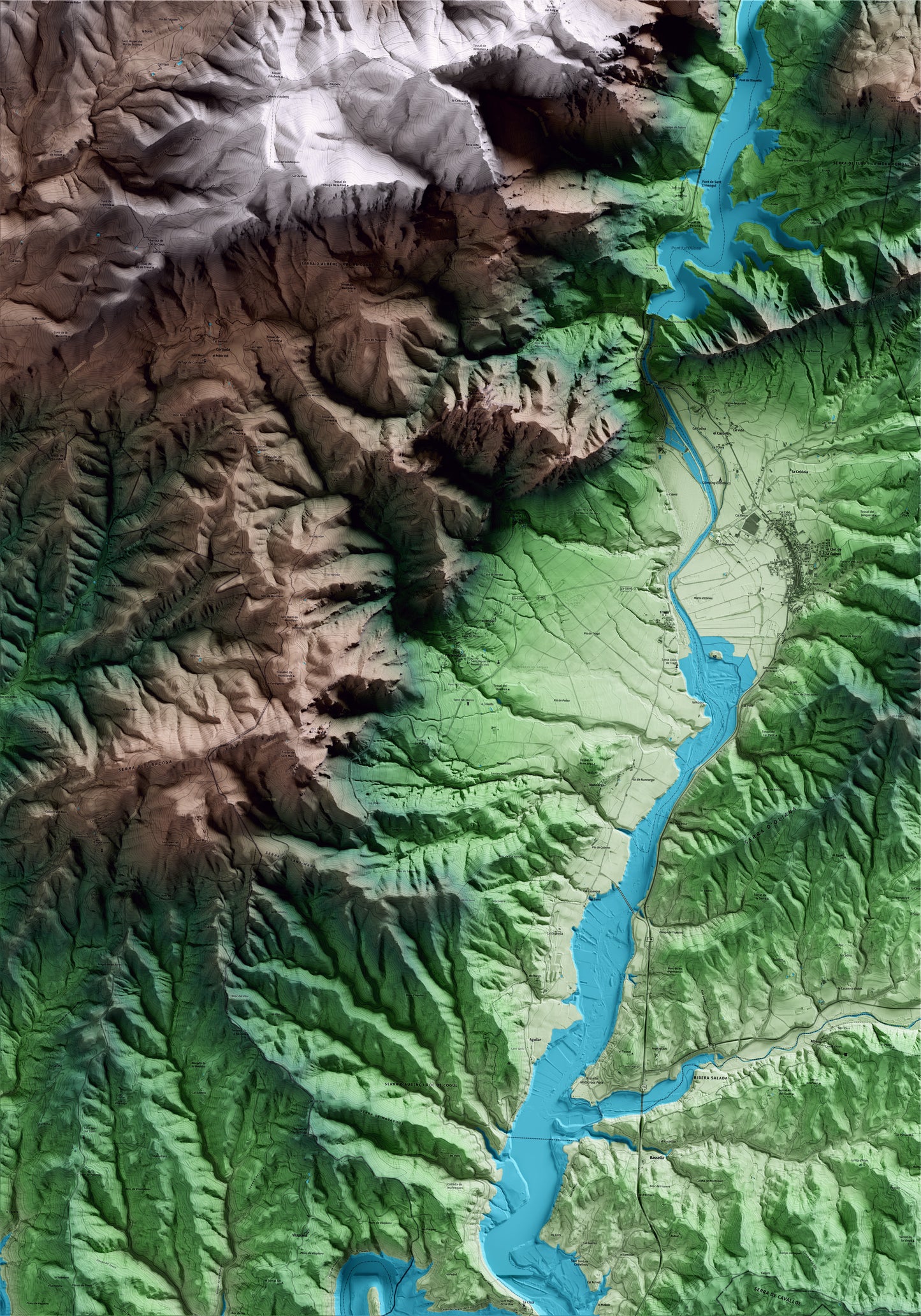 Mapa artístico del relieve de Peramola, al Alt Urgell, con 15 km de entorno y base topográfica ICGC