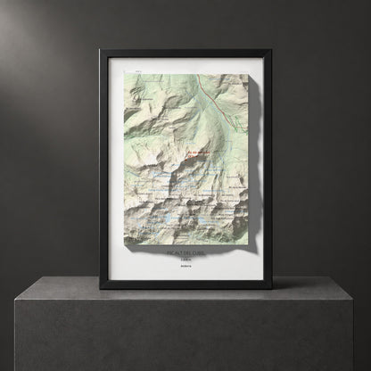 Mapa de relieve de Pic Alt del Cubil, 2834 m, Andorra, lámina 100 Cims de Trobart. Presentación enmarcada. 21 × 30 cm.