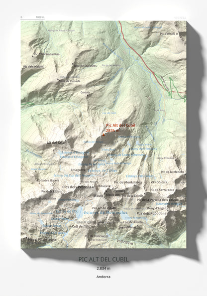 Mapa de relieve de Pic Alt del Cubil, 2834 m, Andorra, lámina 100 Cims de Trobart 21 × 30 cm.