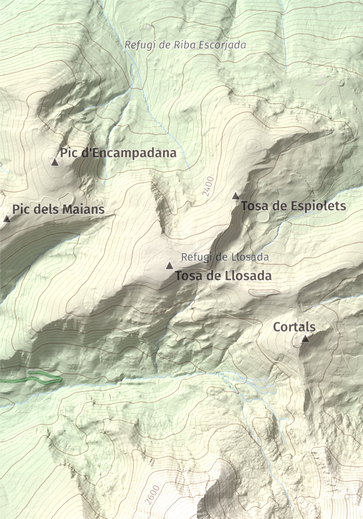 Mapa de relieve de Pic Alt del Cubil, 2834 m, Andorra, lámina 100 Cims de Trobart. Detalle de la zona superior izquierda. 21 × 30 cm.