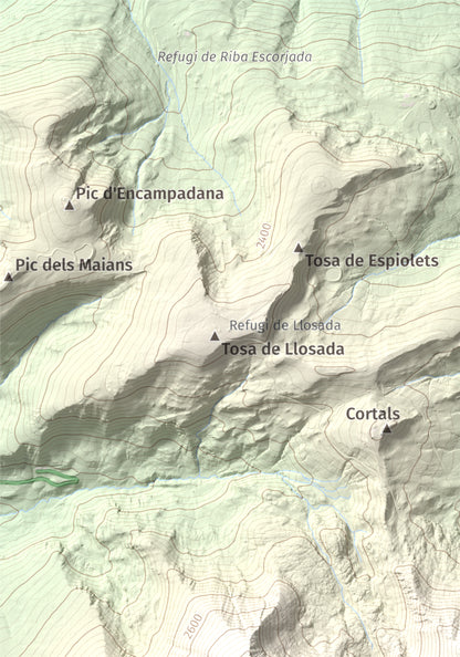 Mapa de relieve de Pic Alt del Cubil, 2834 m, Andorra, lámina 100 Cims de Trobart. Detalle de la zona superior izquierda. 21 × 30 cm.