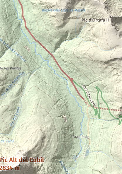 Mapa de relieve de Pic Alt del Cubil, 2834 m, Andorra, lámina 100 Cims de Trobart. Detalle de la zona superior derecha. 21 × 30 cm.