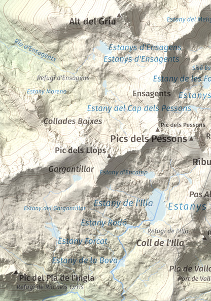 Mapa de relieve de Pic Alt del Cubil, 2834 m, Andorra, lámina 100 Cims de Trobart. Detalle de la zona inferior izquierda. 21 × 30 cm.
