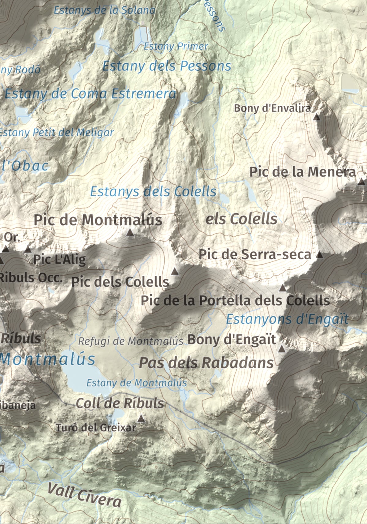 Mapa de relieve de Pic Alt del Cubil, 2834 m, Andorra, lámina 100 Cims de Trobart. Detalle de la zona inferior derecha. 21 × 30 cm.