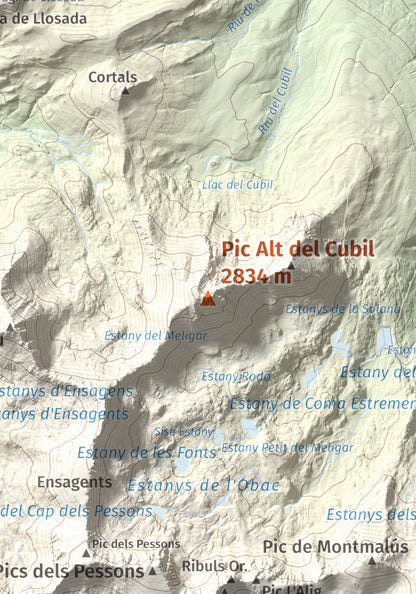 Mapa de relieve de Pic Alt del Cubil, 2834 m, Andorra, lámina 100 Cims de Trobart. Detalle de la zona central. 21 × 30 cm.