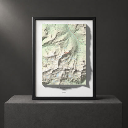 Mapa de relieve de Pic Alt del Cubil, 2834 m, Andorra, lámina 100 Cims de Trobart. Presentación enmarcada. 30 × 40 cm.