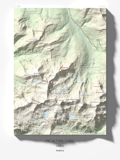 Mapa de relieve de Pic Alt del Cubil, 2834 m, Andorra, lámina 100 Cims de Trobart 30 × 40 cm.
