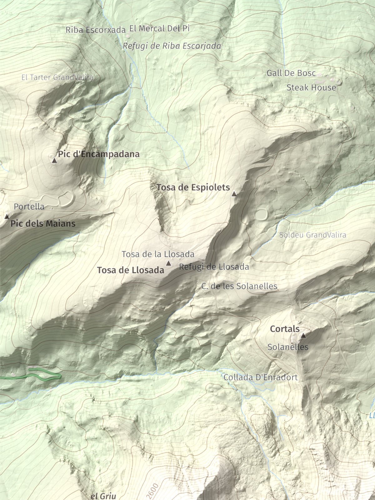 Mapa de relieve de Pic Alt del Cubil, 2834 m, Andorra, lámina 100 Cims de Trobart. Detalle de la zona superior izquierda. 30 × 40 cm.