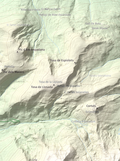 Mapa de relieve de Pic Alt del Cubil, 2834 m, Andorra, lámina 100 Cims de Trobart. Detalle de la zona superior izquierda. 30 × 40 cm.