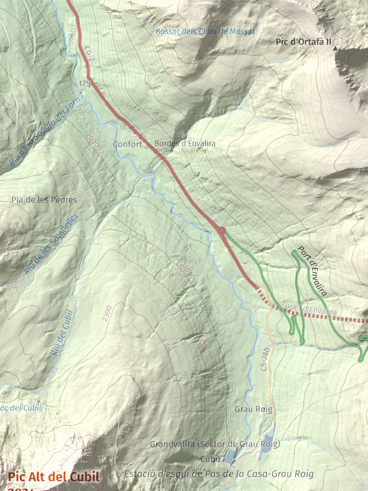 Mapa de relieve de Pic Alt del Cubil, 2834 m, Andorra, lámina 100 Cims de Trobart. Detalle de la zona superior derecha. 30 × 40 cm.