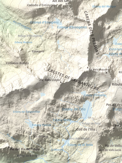 Mapa de relieve de Pic Alt del Cubil, 2834 m, Andorra, lámina 100 Cims de Trobart. Detalle de la zona inferior izquierda. 30 × 40 cm.