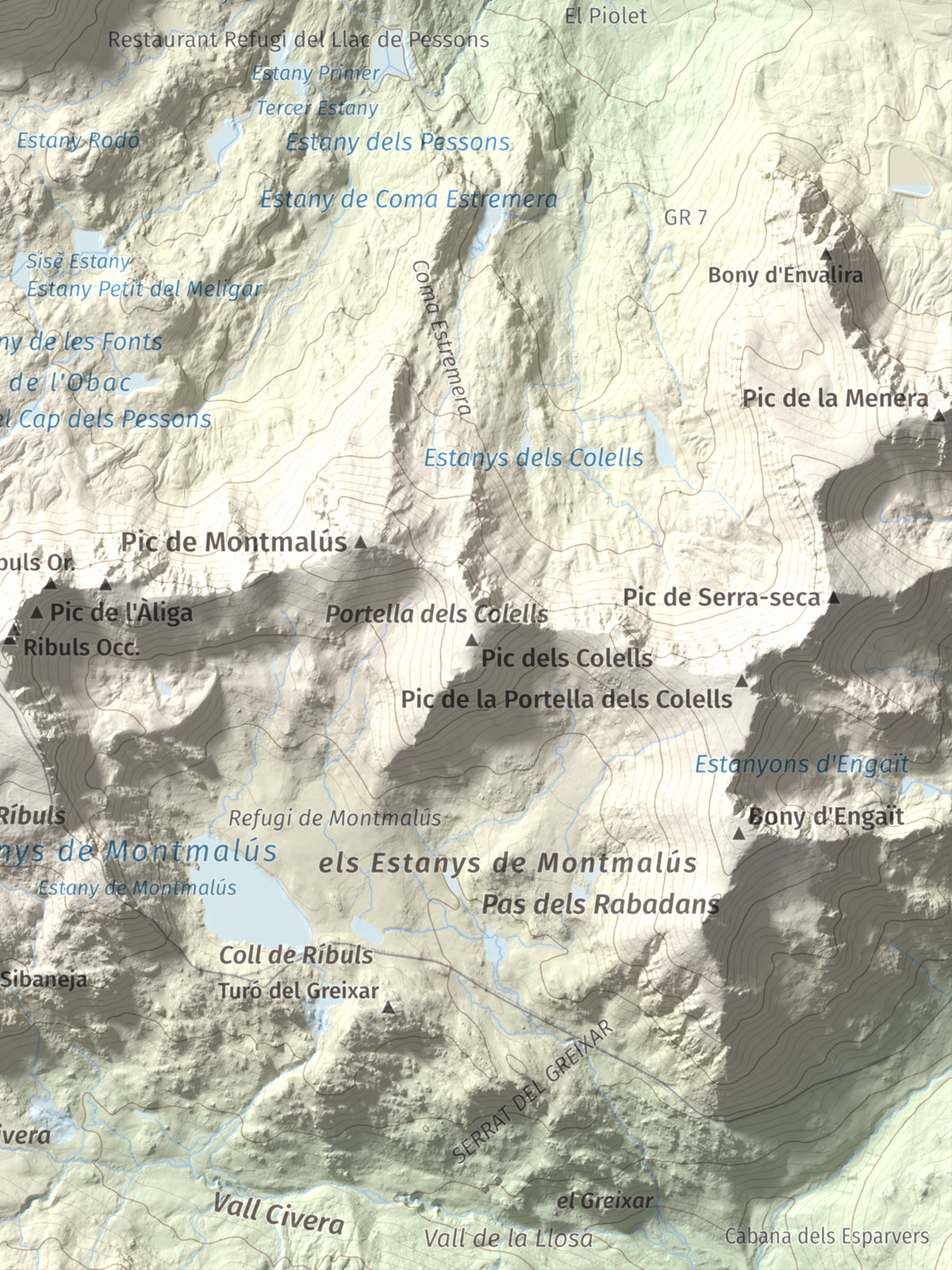 Mapa de relieve de Pic Alt del Cubil, 2834 m, Andorra, lámina 100 Cims de Trobart. Detalle de la zona inferior derecha. 30 × 40 cm.