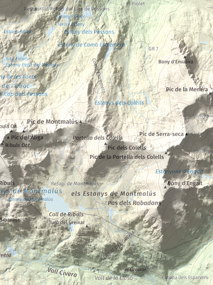 Mapa de relieve de Pic Alt del Cubil, 2834 m, Andorra, lámina 100 Cims de Trobart. Detalle de la zona inferior derecha. 30 × 40 cm.
