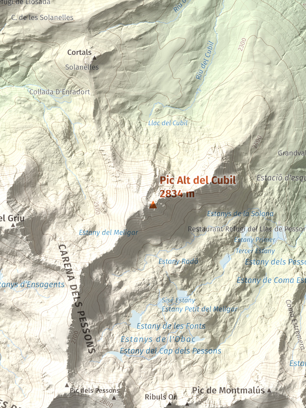Mapa de relieve de Pic Alt del Cubil, 2834 m, Andorra, lámina 100 Cims de Trobart. Detalle de la zona central. 30 × 40 cm.