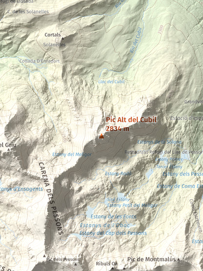 Mapa de relieve de Pic Alt del Cubil, 2834 m, Andorra, lámina 100 Cims de Trobart. Detalle de la zona central. 30 × 40 cm.