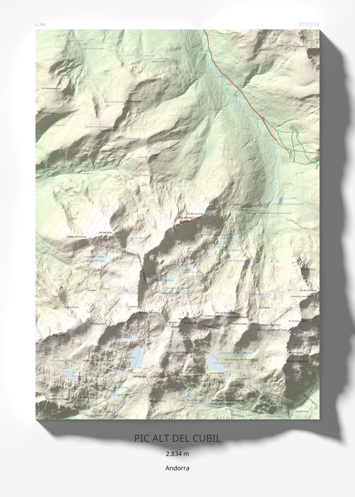 Mapa de relieve de Pic Alt del Cubil, 2834 m, Andorra, lámina 100 Cims de Trobart 50 × 70 cm.