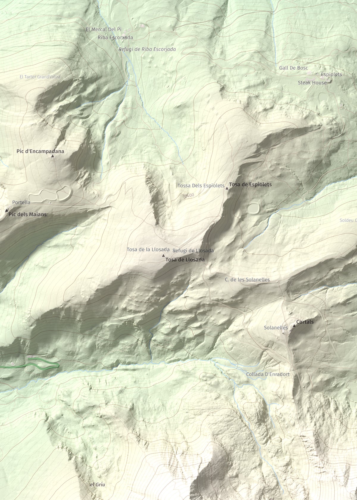 Mapa de relieve de Pic Alt del Cubil, 2834 m, Andorra, lámina 100 Cims de Trobart. Detalle de la zona superior izquierda. 50 × 70 cm.