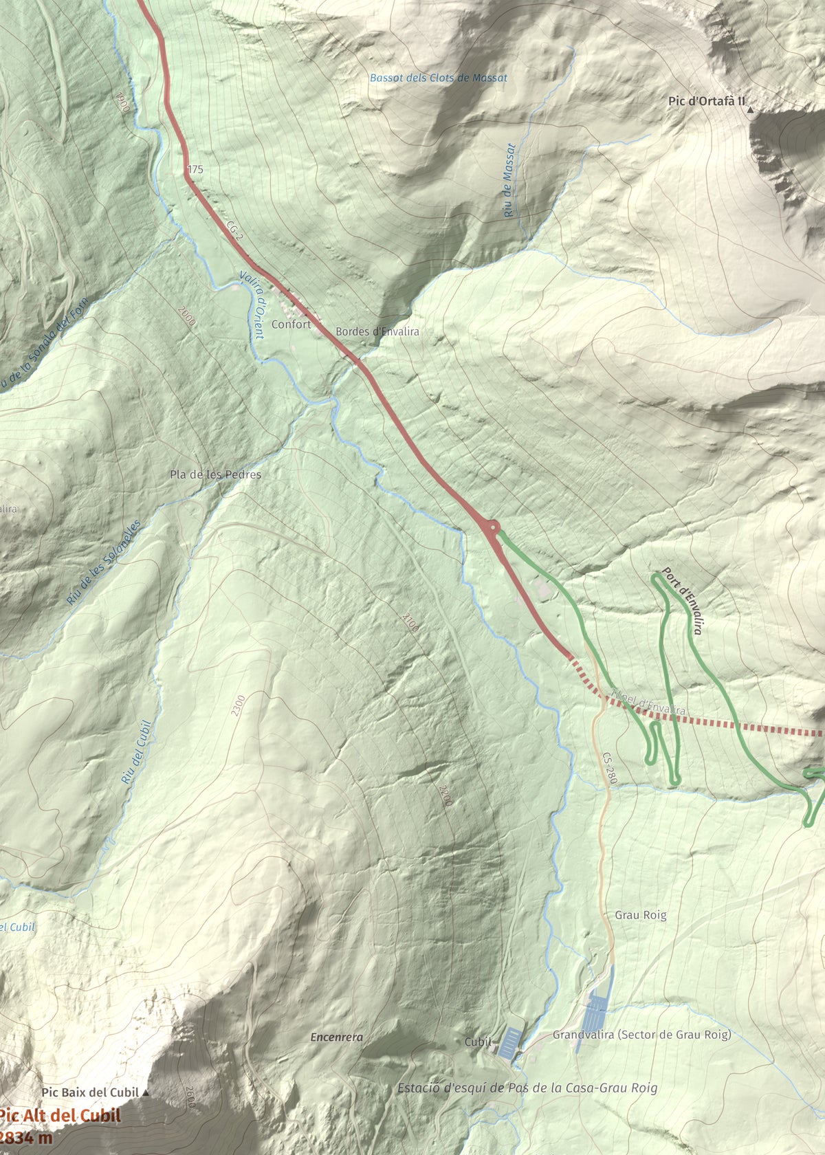 Mapa de relieve de Pic Alt del Cubil, 2834 m, Andorra, lámina 100 Cims de Trobart. Detalle de la zona superior derecha. 50 × 70 cm.