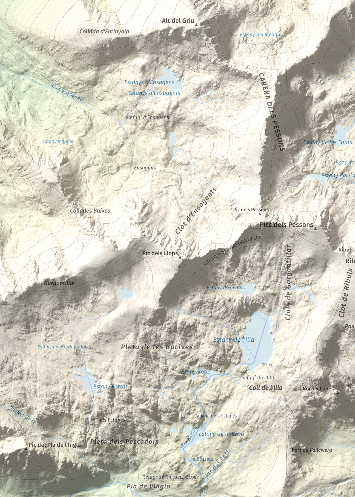 Mapa de relieve de Pic Alt del Cubil, 2834 m, Andorra, lámina 100 Cims de Trobart. Detalle de la zona inferior izquierda. 50 × 70 cm.