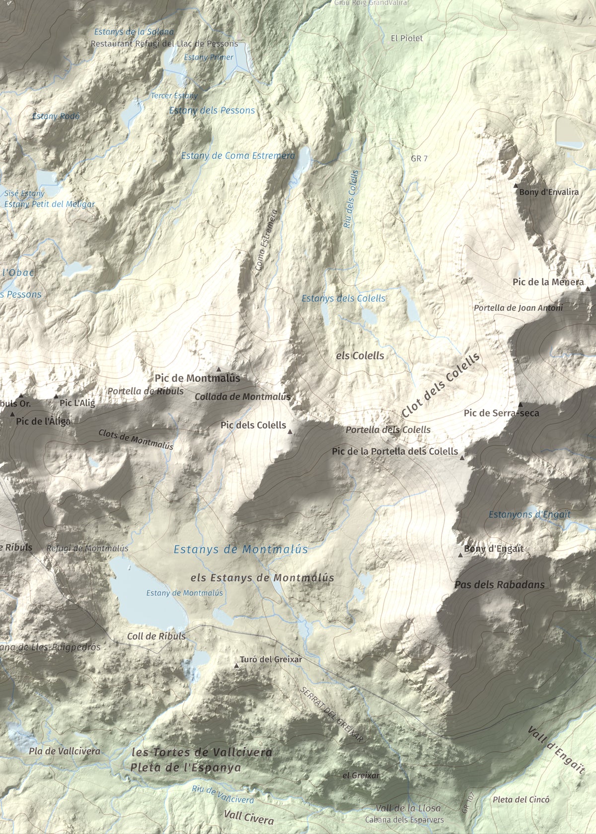 Mapa de relieve de Pic Alt del Cubil, 2834 m, Andorra, lámina 100 Cims de Trobart. Detalle de la zona inferior derecha. 50 × 70 cm.
