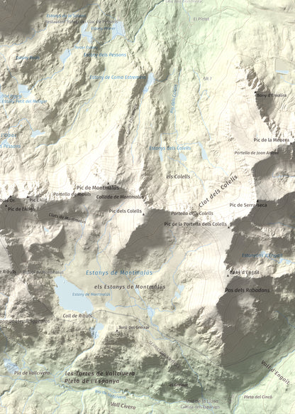 Mapa de relieve de Pic Alt del Cubil, 2834 m, Andorra, lámina 100 Cims de Trobart. Detalle de la zona inferior derecha. 50 × 70 cm.