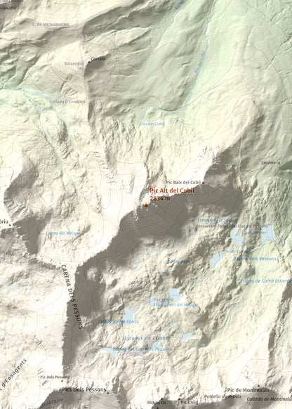 Mapa de relieve de Pic Alt del Cubil, 2834 m, Andorra, lámina 100 Cims de Trobart. Detalle de la zona central. 50 × 70 cm.