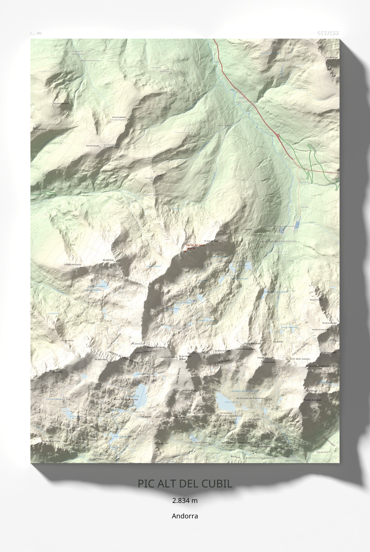 Mapa de relieve de Pic Alt del Cubil, 2834 m, Andorra, lámina 100 Cims de Trobart 61 × 91 cm.