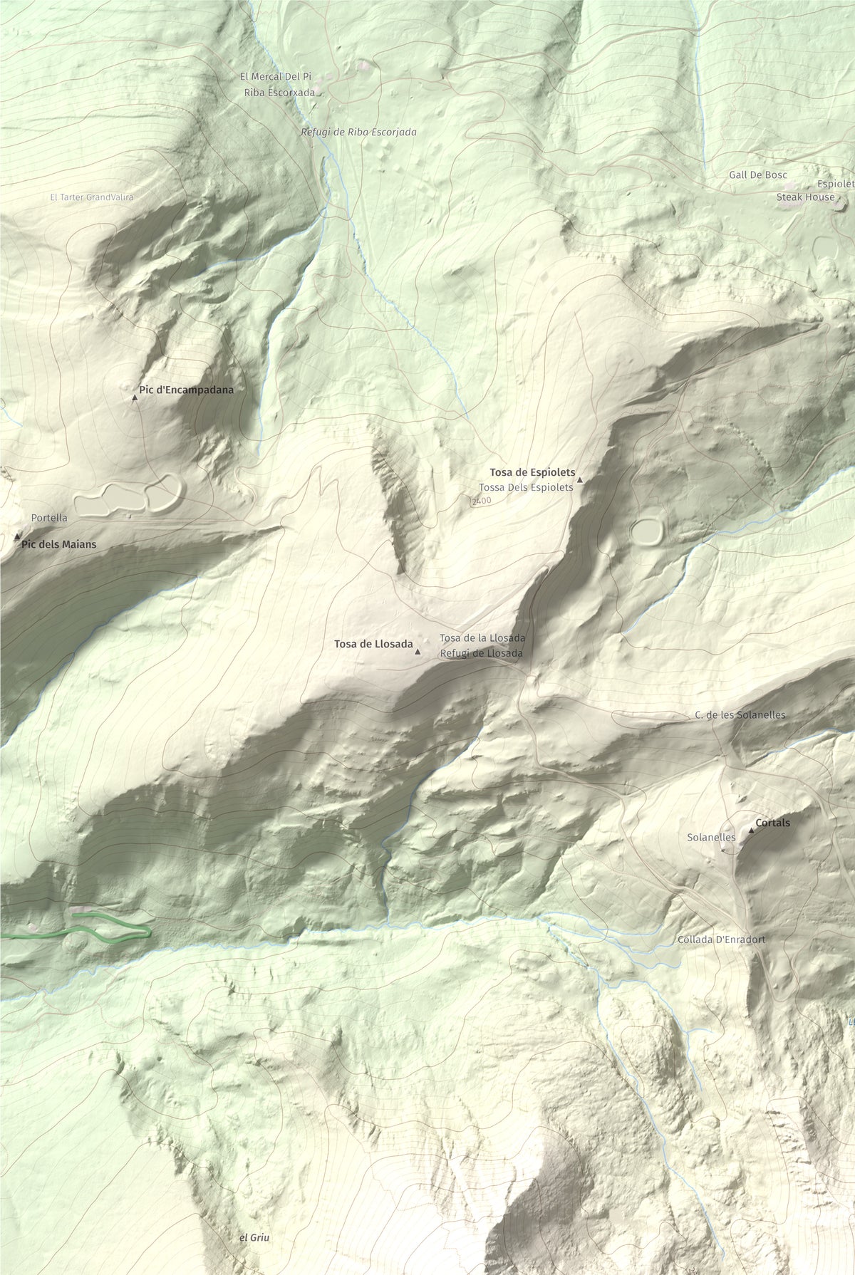 Mapa de relieve de Pic Alt del Cubil, 2834 m, Andorra, lámina 100 Cims de Trobart. Detalle de la zona superior izquierda. 61 × 91 cm.